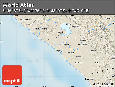Shaded Relief Map of the Area around 2° 58' 32" S, 10° 16' 30" E