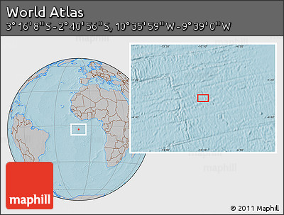 Gray Location Map of the Area around 2° 58' 32" S, 10° 7' 30" W, hill shading