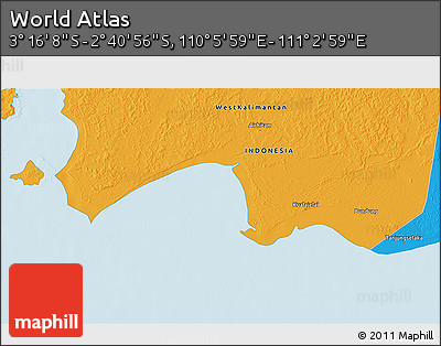 Political 3D Map of the Area around 2° 58' 32" S, 110° 34' 29" E