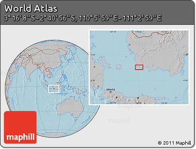 Gray Location Map of the Area around 2° 58' 32" S, 110° 34' 29" E, hill shading