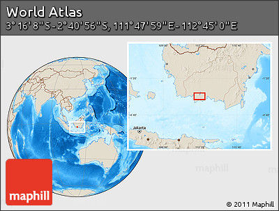 Shaded Relief Location Map of the Area around 2° 58' 32" S, 112° 16' 30" E