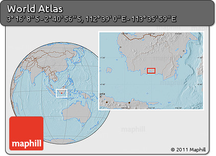 Gray Location Map of the Area around 2° 58' 32" S, 113° 7' 30" E, hill shading