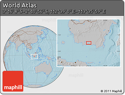 Gray Location Map of the Area around 2° 58' 32" S, 113° 7' 30" E, hill shading