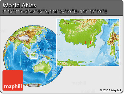 Physical Location Map of the Area around 2° 58' 32" S, 114° 49' 29" E