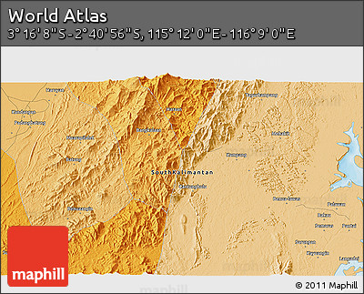 Political 3D Map of the Area around 2° 58' 32" S, 115° 40' 30" E