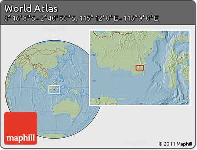 Savanna Style Location Map of the Area around 2° 58' 32" S, 115° 40' 30" E, hill shading
