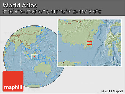 Savanna Style Location Map of the Area around 2° 58' 32" S, 115° 40' 30" E, hill shading