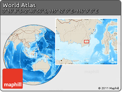 Shaded Relief Location Map of the Area around 2° 58' 32" S, 115° 40' 30" E