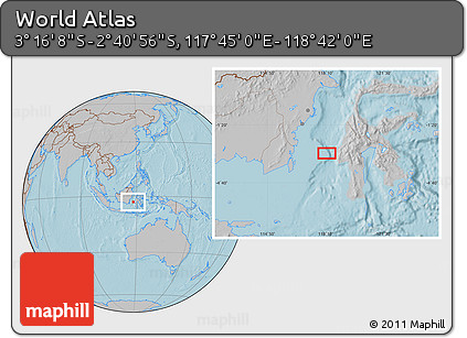 Gray Location Map of the Area around 2° 58' 32" S, 118° 13' 29" E, hill shading