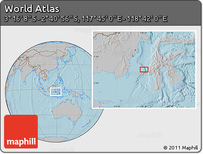 Gray Location Map of the Area around 2° 58' 32" S, 118° 13' 29" E, hill shading