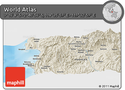 Shaded Relief Panoramic Map of the Area around 2° 58' 32" S, 119° 4' 29" E