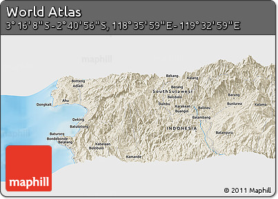 Shaded Relief Panoramic Map of the Area around 2° 58' 32" S, 119° 4' 29" E