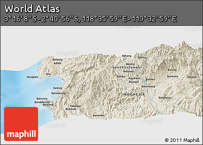 Shaded Relief Panoramic Map of the Area around 2° 58' 32" S, 119° 4' 29" E