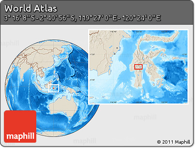 Shaded Relief Location Map of the Area around 2° 58' 32" S, 119° 55' 30" E