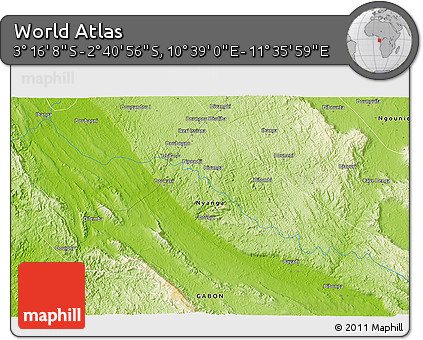 Physical 3D Map of the Area around 2° 58' 32" S, 11° 7' 30" E