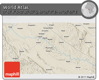 Shaded Relief 3D Map of the Area around 2° 58' 32" S, 11° 7' 30" E