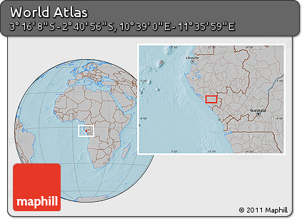 Gray Location Map of the Area around 2° 58' 32" S, 11° 7' 30" E, hill shading