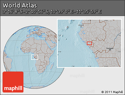 Gray Location Map of the Area around 2° 58' 32" S, 11° 7' 30" E, hill shading