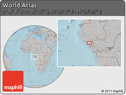 Gray Location Map of the Area around 2° 58' 32" S, 11° 7' 30" E, hill shading