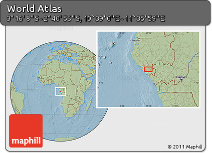 Savanna Style Location Map of the Area around 2° 58' 32" S, 11° 7' 30" E, hill shading