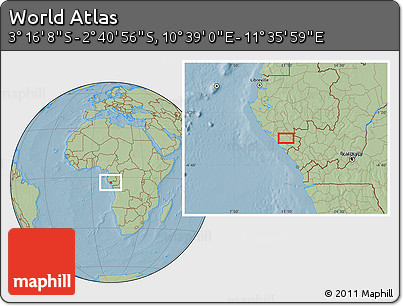 Savanna Style Location Map of the Area around 2° 58' 32" S, 11° 7' 30" E, hill shading