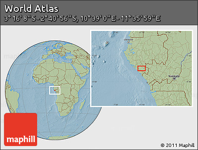 Savanna Style Location Map of the Area around 2° 58' 32" S, 11° 7' 30" E, hill shading