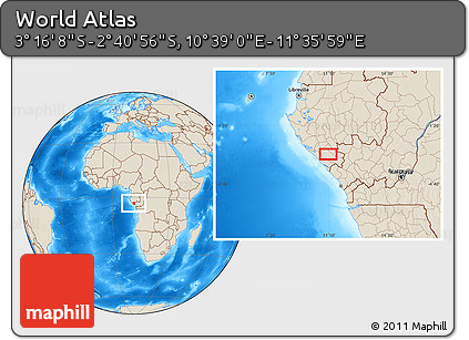 Shaded Relief Location Map of the Area around 2° 58' 32" S, 11° 7' 30" E