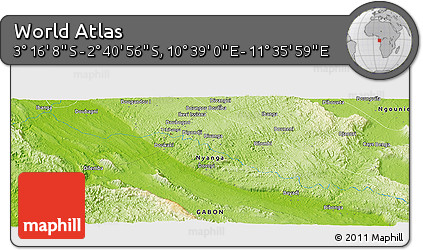 Physical Panoramic Map of the Area around 2° 58' 32" S, 11° 7' 30" E