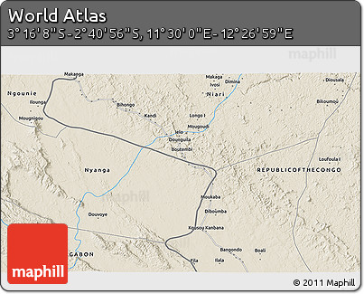 Shaded Relief 3D Map of the Area around 2° 58' 32" S, 11° 58' 29" E