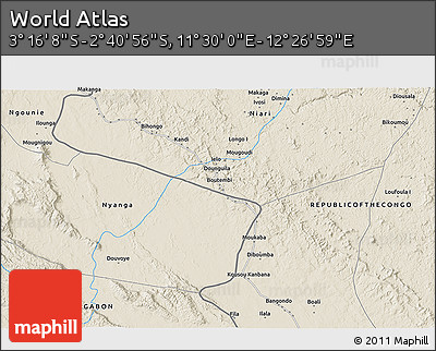 Shaded Relief 3D Map of the Area around 2° 58' 32" S, 11° 58' 29" E