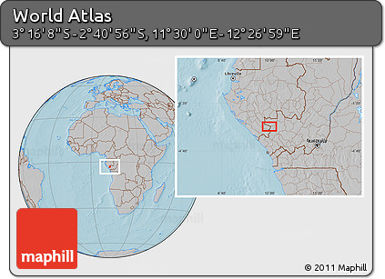 Gray Location Map of the Area around 2° 58' 32" S, 11° 58' 29" E, hill shading
