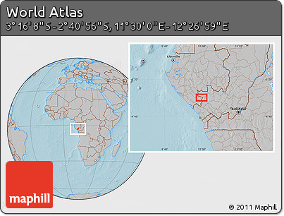 Gray Location Map of the Area around 2° 58' 32" S, 11° 58' 29" E, hill shading