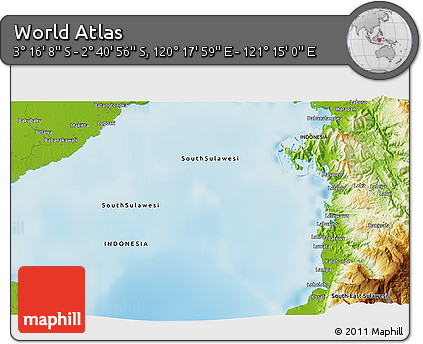 Physical 3D Map of the Area around 2° 58' 32" S, 120° 46' 30" E