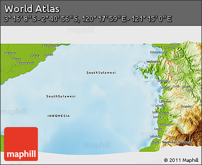 Physical 3D Map of the Area around 2° 58' 32" S, 120° 46' 30" E