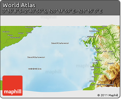 Physical 3D Map of the Area around 2° 58' 32" S, 120° 46' 30" E