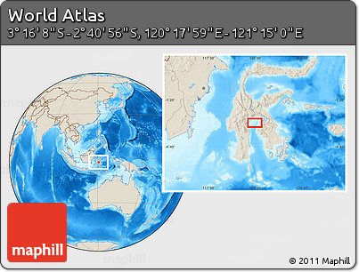 Shaded Relief Location Map of the Area around 2° 58' 32" S, 120° 46' 30" E