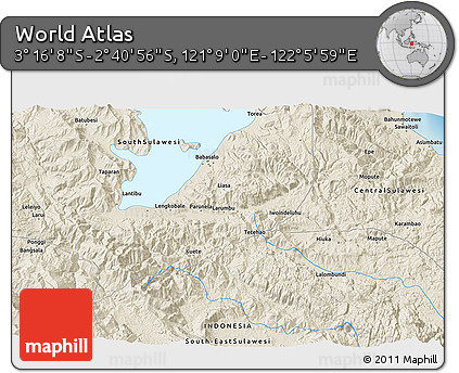 Shaded Relief 3D Map of the Area around 2° 58' 32" S, 121° 37' 30" E