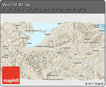 Shaded Relief 3D Map of the Area around 2° 58' 32" S, 121° 37' 30" E
