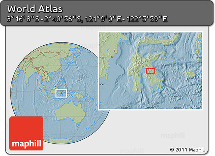 Savanna Style Location Map of the Area around 2° 58' 32" S, 121° 37' 30" E, hill shading