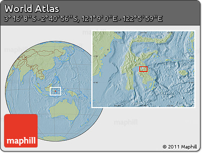 Savanna Style Location Map of the Area around 2° 58' 32" S, 121° 37' 30" E, hill shading