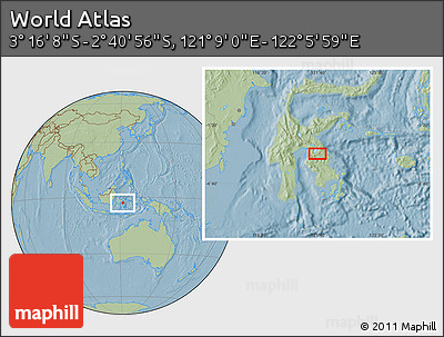 Savanna Style Location Map of the Area around 2° 58' 32" S, 121° 37' 30" E, hill shading