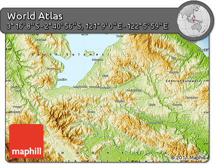 Physical Map of the Area around 2° 58' 32" S, 121° 37' 30" E