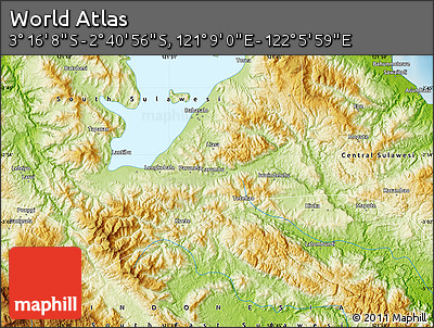 Physical Map of the Area around 2° 58' 32" S, 121° 37' 30" E