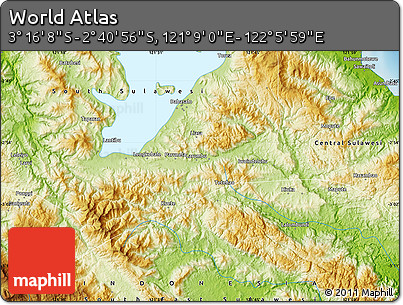 Physical Map of the Area around 2° 58' 32" S, 121° 37' 30" E