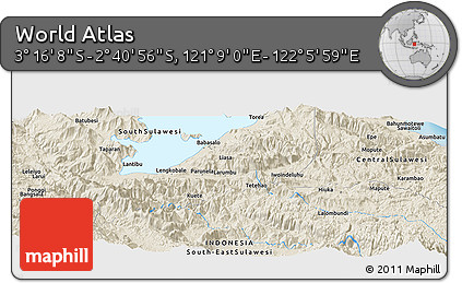 Shaded Relief Panoramic Map of the Area around 2° 58' 32" S, 121° 37' 30" E