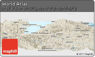 Shaded Relief Panoramic Map of the Area around 2° 58' 32" S, 121° 37' 30" E