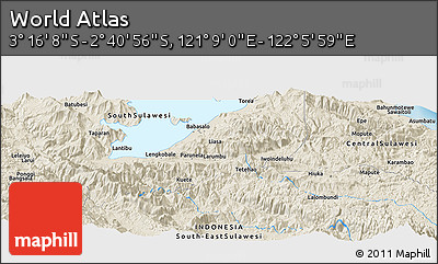 Shaded Relief Panoramic Map of the Area around 2° 58' 32" S, 121° 37' 30" E
