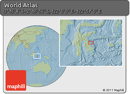 Savanna Style Location Map of the Area around 2° 58' 32" S, 122° 28' 29" E, hill shading