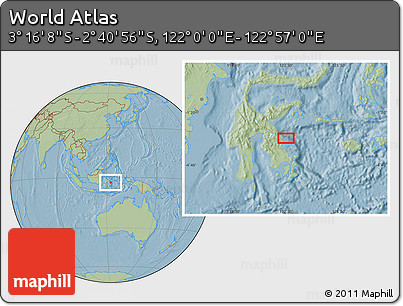 Savanna Style Location Map of the Area around 2° 58' 32" S, 122° 28' 29" E, hill shading