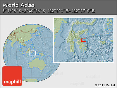 Savanna Style Location Map of the Area around 2° 58' 32" S, 122° 28' 29" E, hill shading
